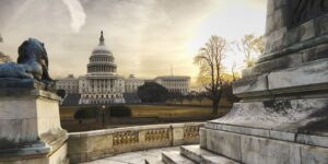 Das Capitolsgebäude in Washington DC bei Sonnenaufgang